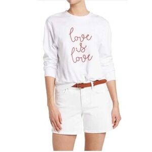 French Connection Love Is Love Embroidered Sweatshirt White Red Large Pullover